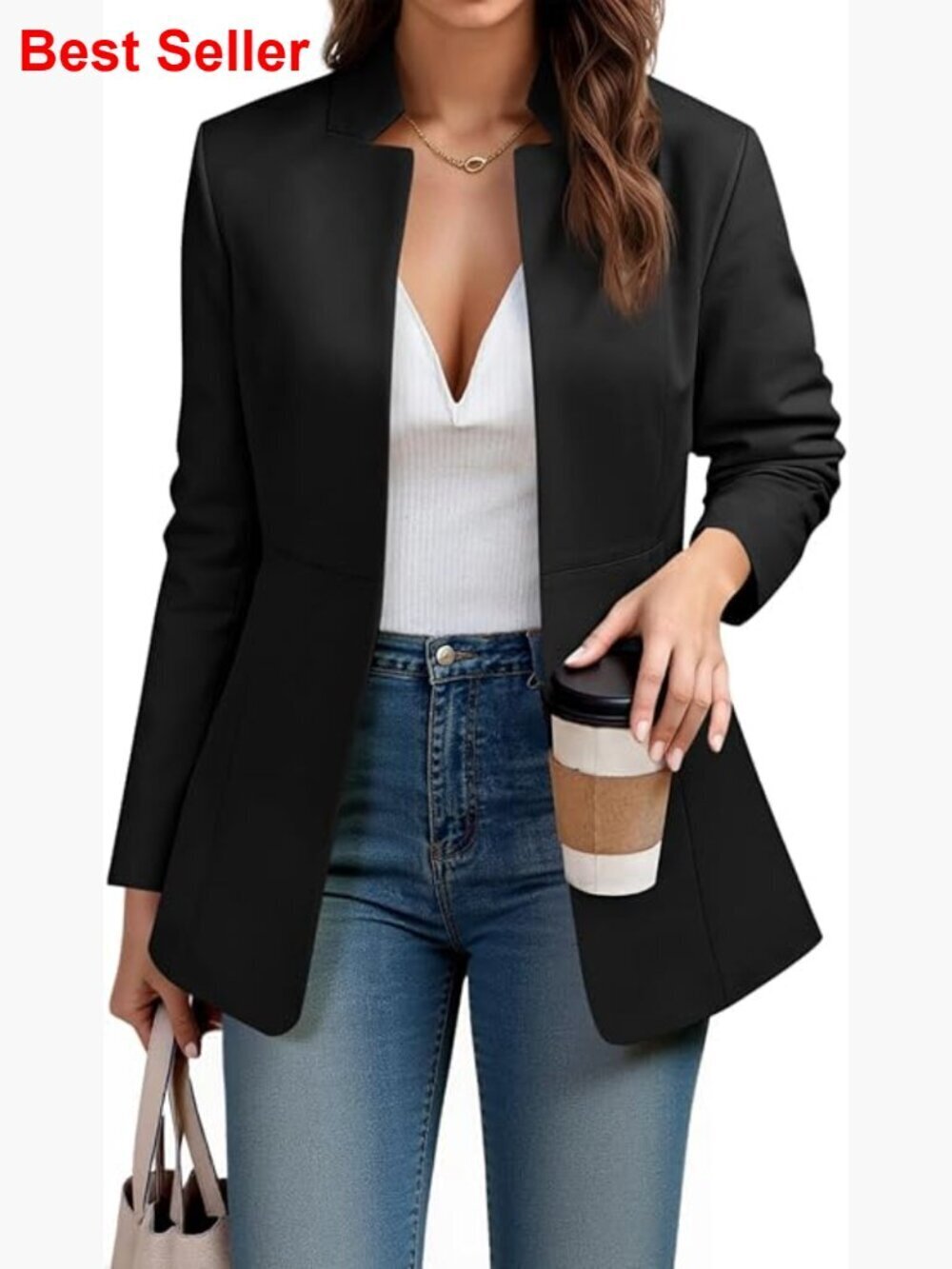Polyester Blend Blazer Long Sleeve Notch Collar Open Front Work Office